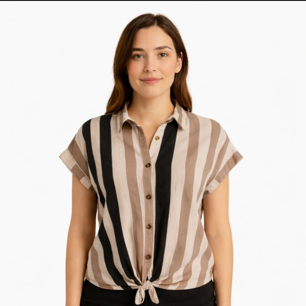 🎉Exclusive One Brown And Black Normcore Spring Twist Front Knot Blouse Sz Lg